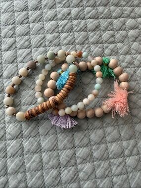 Boutique Set of 3 Beaded Bracelets with Tassel Accent - Neutral & Pastel